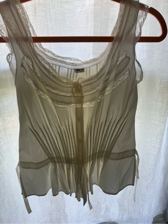 Miu Miu Tops - Miu Miu Ivory Lace-Trim Pleated Sleeveless Top
